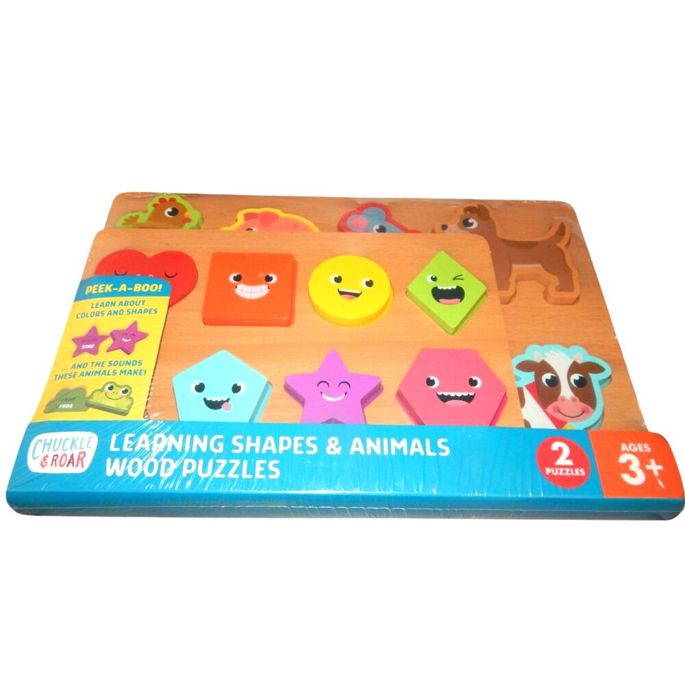 2pc Chuckle & Roar learning shapes animals toddler 3+ wooden puzzles